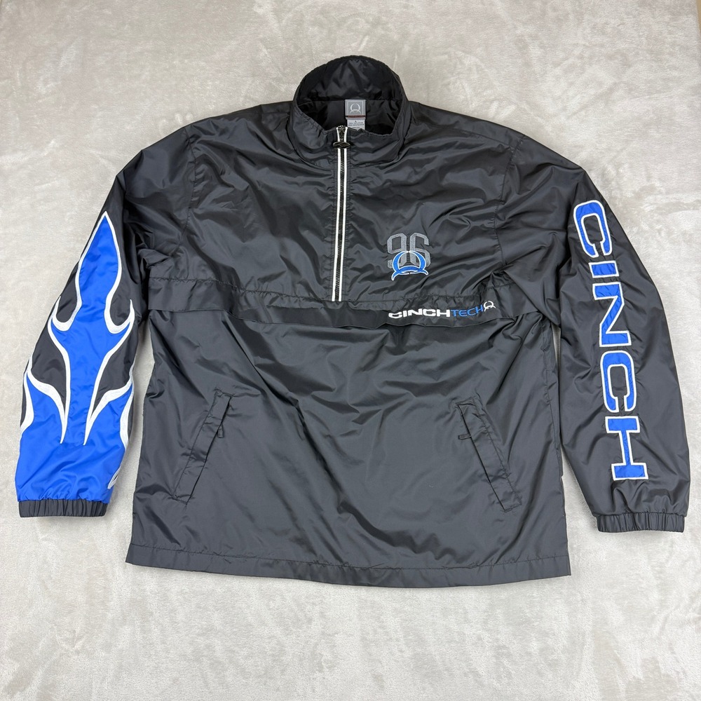 Cinch Windbreaker Jacket Men L Black Blue Flame CinchTech 1/4 Zip Streetwear Y2K